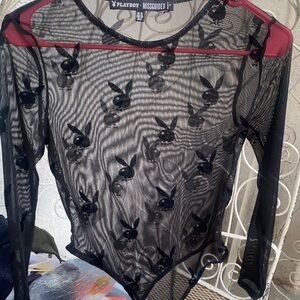 Missguided Black Sheer Bodysuit with Playboy Motifs🐰🐰🖤